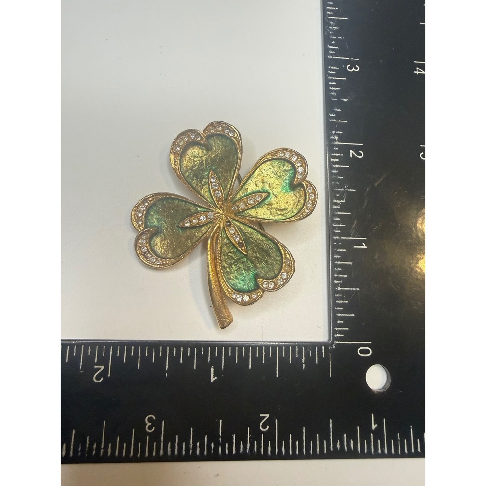 Gold Tone Green Enamel Rhinestone Four Leaf Clover‎ Shamrock Brooch Pin